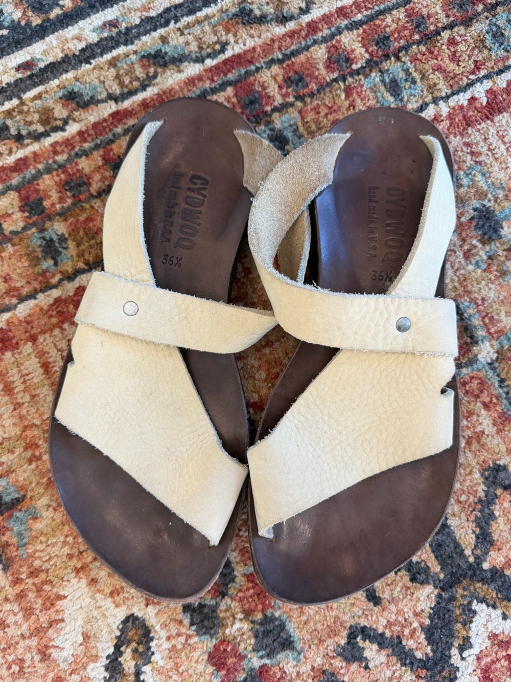 CYDWOQ Leather Slip On Sandals Womens 36.5 US 6.5 Cream Tan Made In USA